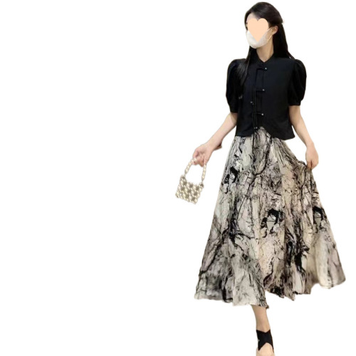 Chinese-style set including a short-sleeve, traditional short dress for women, retro, ink-wash summer top, slimming, two-piece set