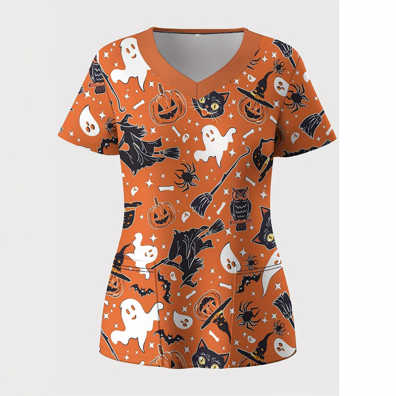 Women's T-Shirt V-Neck Nurse Uniform European and American Cross-Border Factory Direct Sales Aliexpress Casual and Comfortable Short-Sleeved Women's Pumpkin Print Women's T-Shirt V-Neck Nurse Uniform European and American Cross-Border Factory Direct Sales Aliexpress Casual and Comfortable Short-Sleeved Women's Pumpkin Print