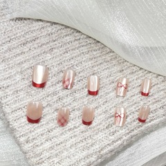 新年聖誕節手工短款穿戴甲氣質顯白紅色蝴蝶結格紋高級感美甲貼片