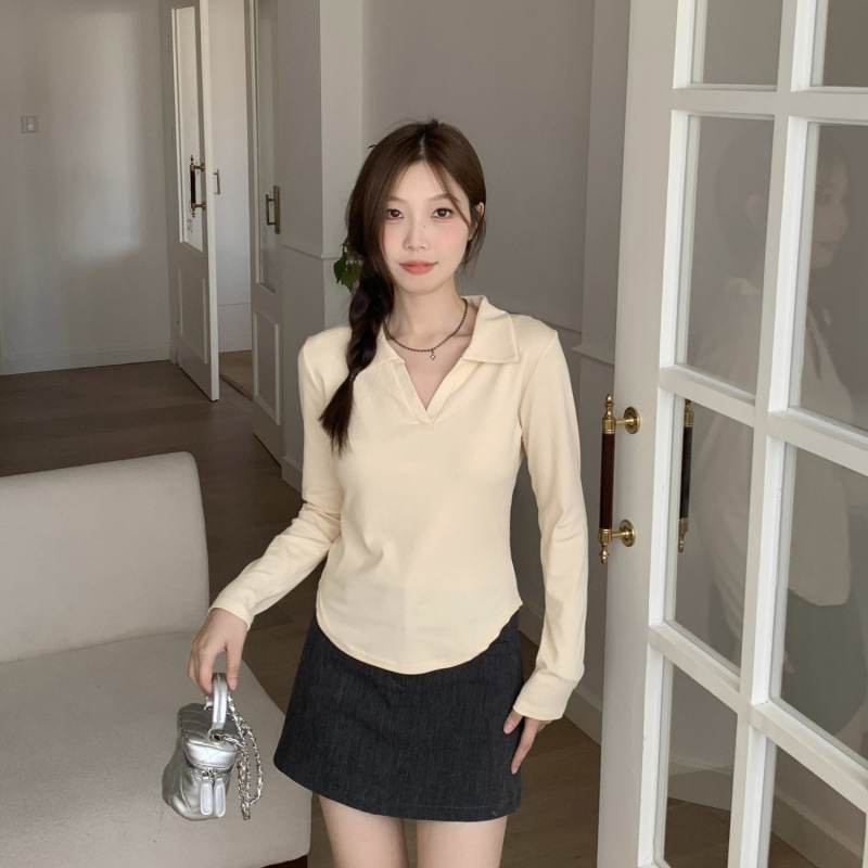 플러스 사이즈 베이스 셔츠 여성용 내부 긴팔 티셔츠 가을 뉴 통통녀 순수 바람 어깨 슬리밍 폴로 칼라 탑