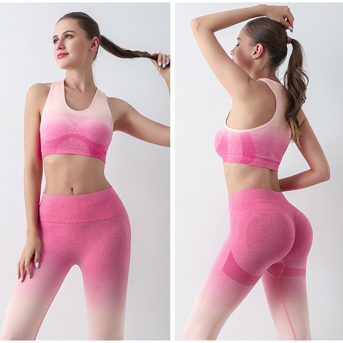 Amazon Cross-border Gradient 2-piece Set Yoga Sports Fitness Pants High Waist Tight Hip 9-point Pants for Women Wholesale