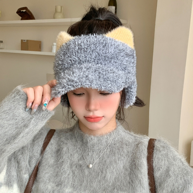 可爱猫咪耳朵毛绒空顶鸭舌帽秋冬季防风护耳帽户外休闲保暖帽子女|undefined