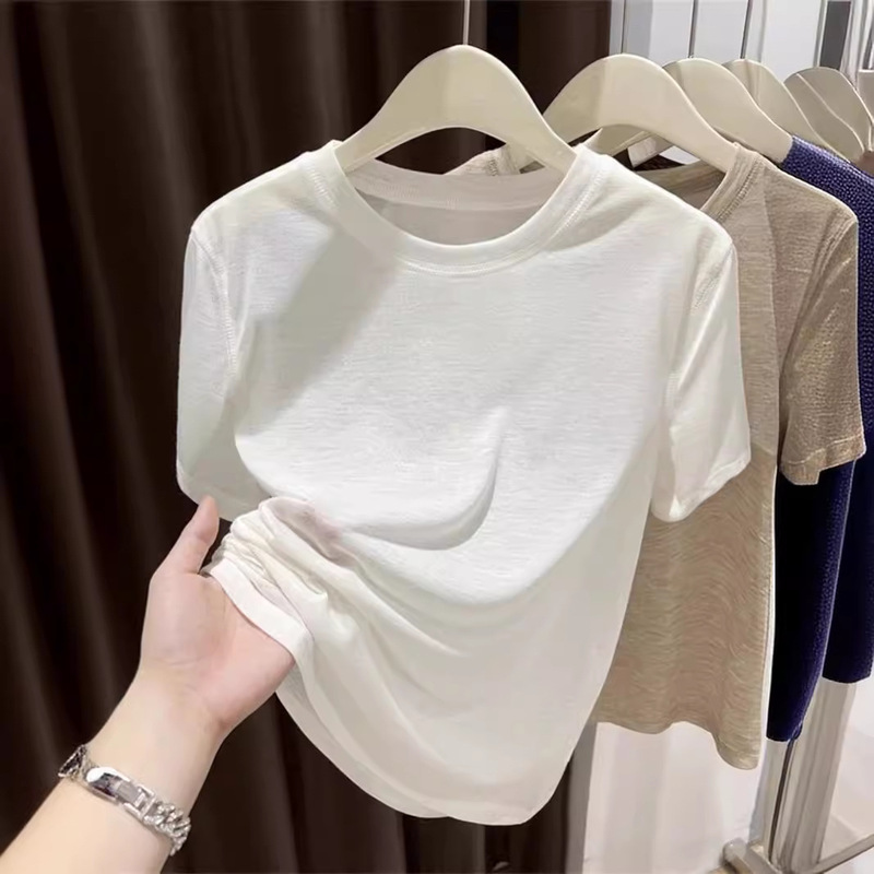 Soft Tencel Mask-Like Short-Sleeve T-Shirt for Women, Summer 2026 New Style, Petite Size, Regular Shoulder, White Thin Ice Silk Top Soft Tencel Mask-Like Short-Sleeve T-Shirt for Women, Summer 2026 New Style, Petite Size, Regular Shoulder, White Thin Ice Silk Top