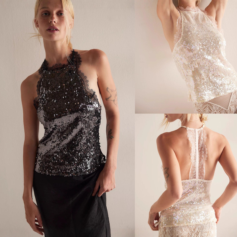 Amazon 26 Spring New Collection Cross-Border European and American Women's Clothing Sequined Lace Camisole Top with Spliced Backless Halter Vest