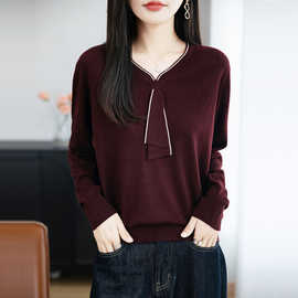 【厂家直供】早秋新款V领飘带毛衣打底衫女宽松洋气百搭显瘦上衣