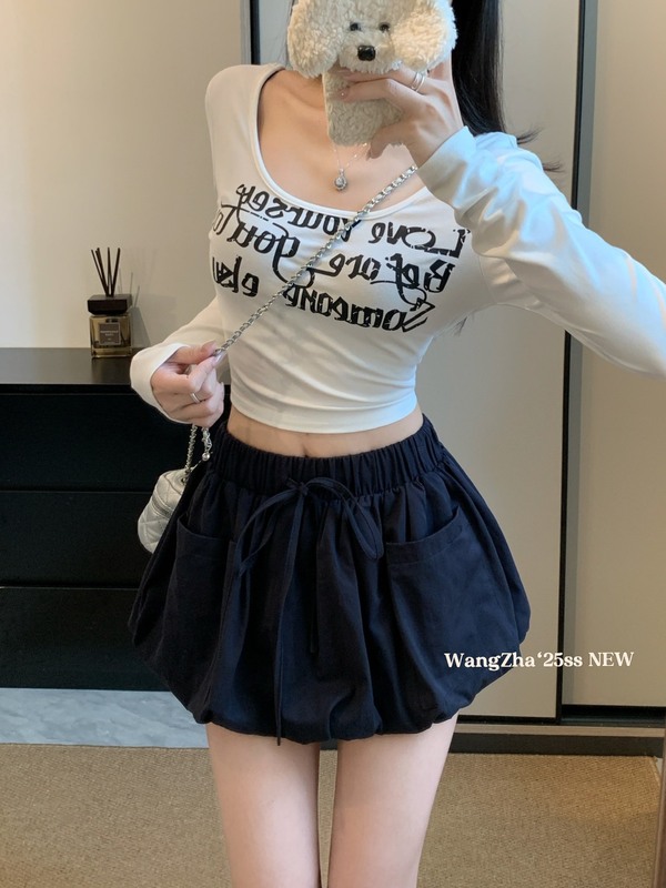 蓬蓬灯笼松紧高腰休闲短裤女秋季2025新款口袋百搭花苞时尚裤子潮|undefined