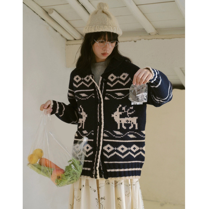 Navy Blue New Color Thick Stick Needle Elk Jacquard Wool Knitted Cardigan Thickeneded Large Sweater Jacket