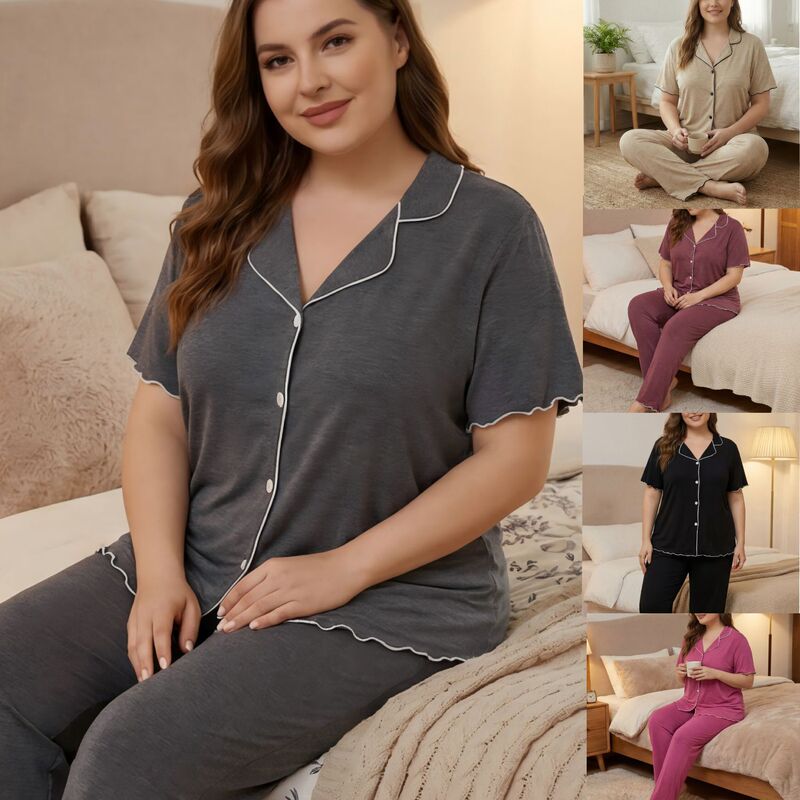 Cross-Border Supply Solid Color Plus-Size Short-Sleeved Pajama Set Women's Loose-Fitting Loungewear Summer Button-Up Cardigan Two-Piece Set