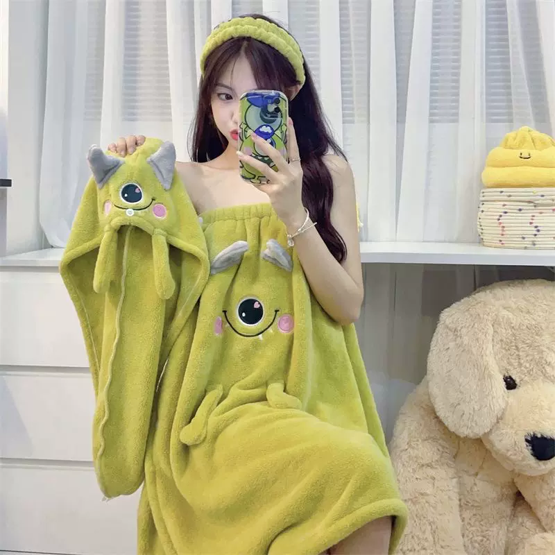 卡通珊瑚绒浴巾女生可穿可裹吸水浴袍干发帽大毛巾洗澡家用浴裙