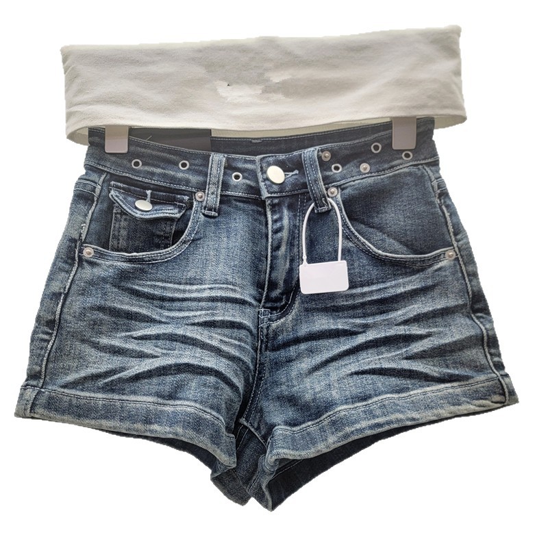 Pantalones Cortos de Mezclilla Corte A para Mujer Elásticos de Tiro Bajo