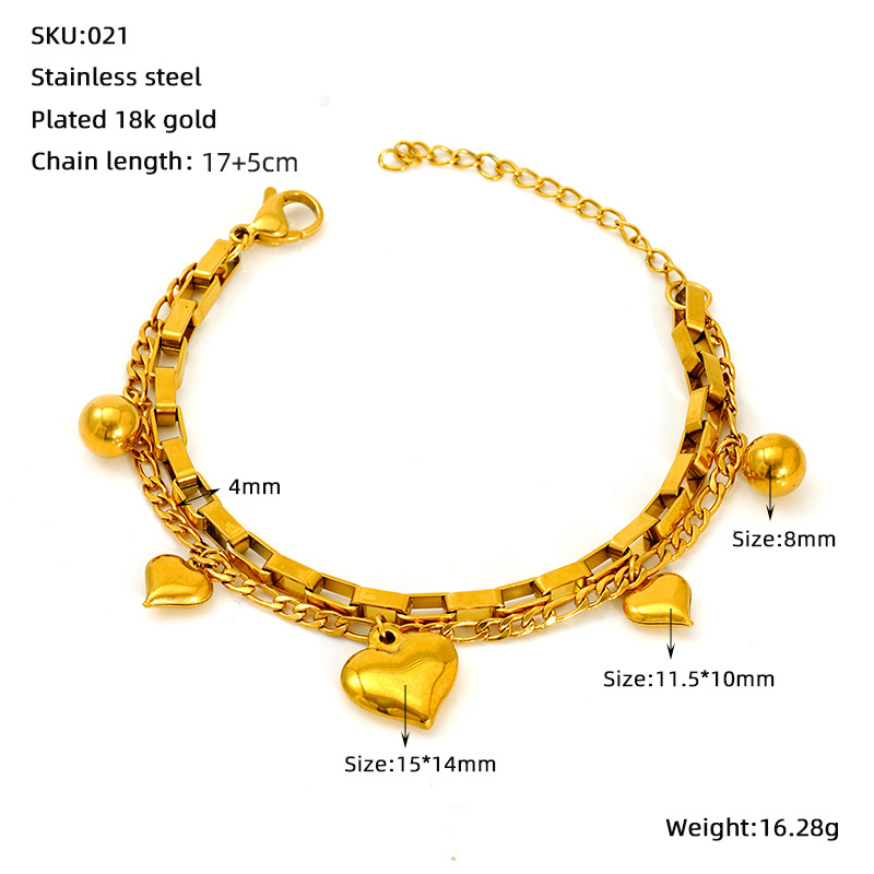 Estilo de moda europeo y americano amor doble pulsera de oro laminada de acero inoxidable chapado en oro doble pulsera no desvanecida joyas de mujer