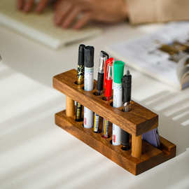 木质笔筒盒办公桌面钢笔单支收纳胡桃木制手机置物架商务简约