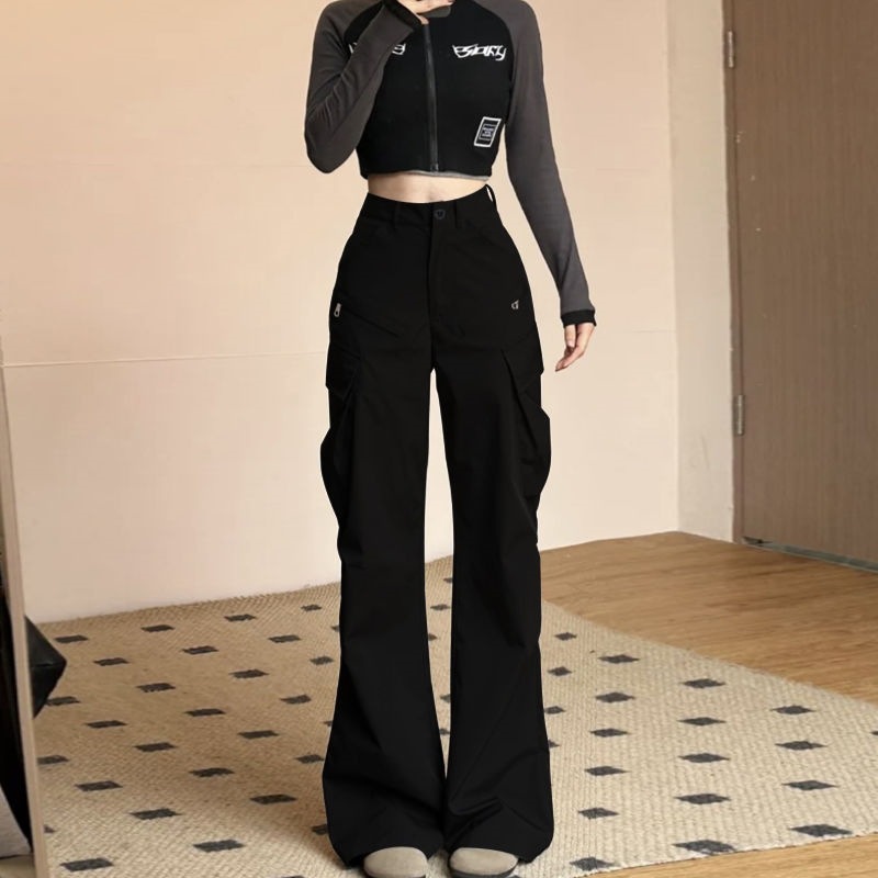 Black Micro-Flared Cargo Pants for Women, Spring and Autumn New Style, American Retro Loose Wide-Leg Slimming Straight Casual Long Pants