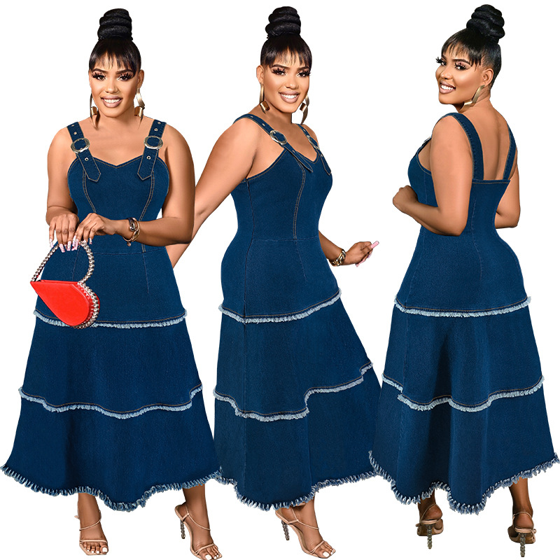 Maxikleid aus Denim in großen Größen mit verstellbaren Spaghettiträgern und schickem Fransenbesatz, A-Linien-Kleid im Boho-Chic-Stil_voghion.com