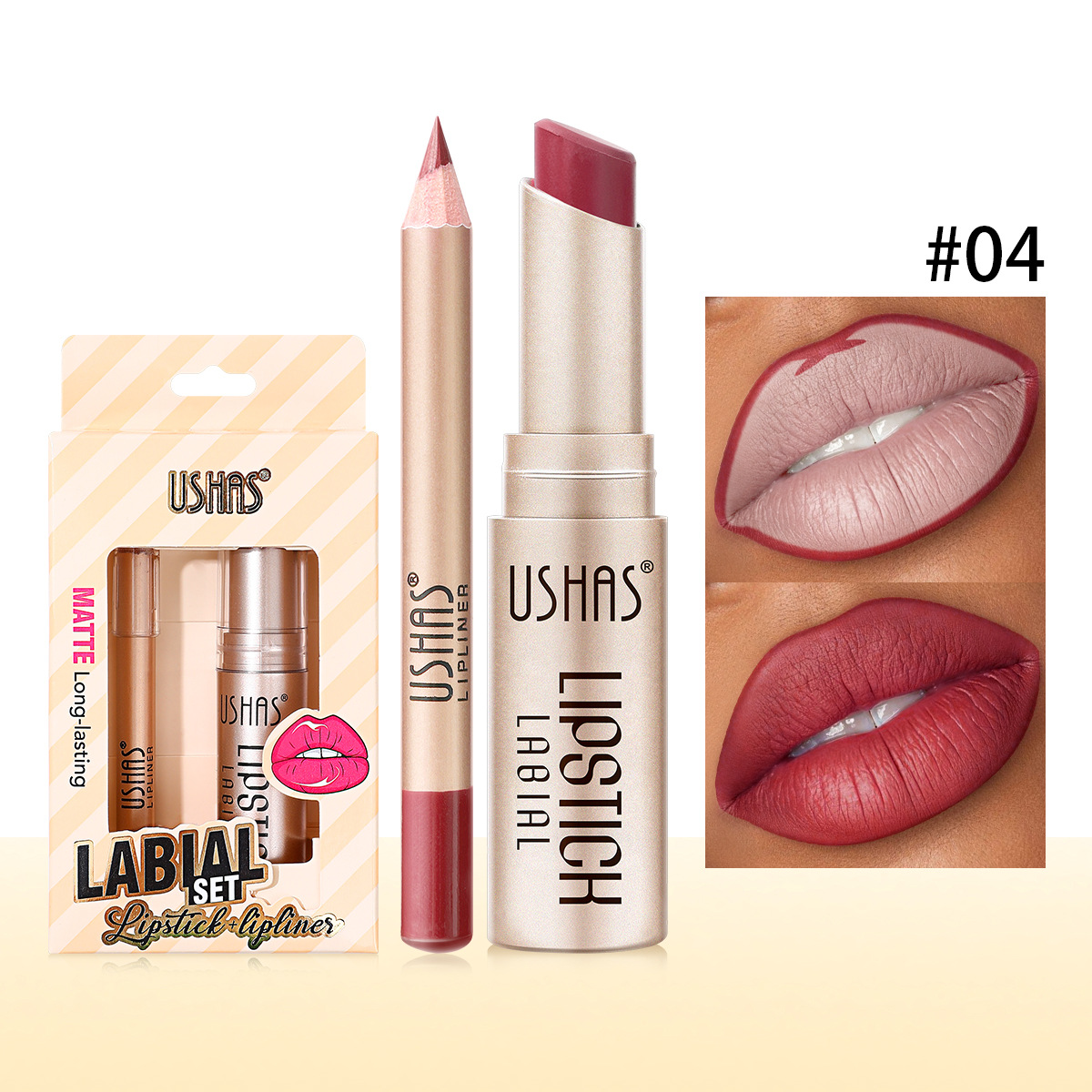 USHAS Europa y los Estados Unidos en stock transfronterizo lápiz labial + lápiz labial impermeable a prueba de agua permanente conjunto de lápiz labial US011