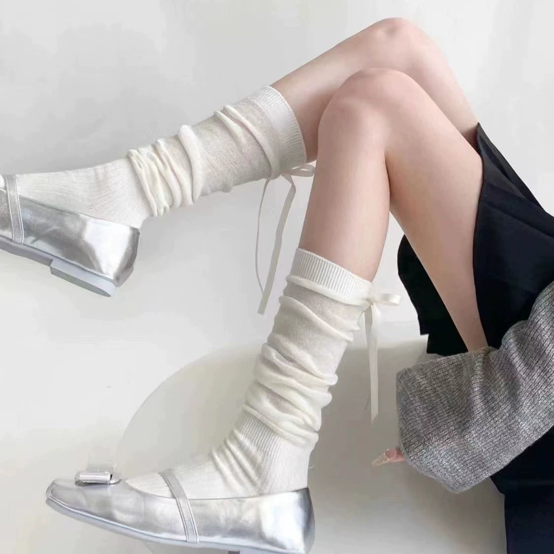 Miu in miu qi ~ балетные носки с бантом из ленты выше колена, сшитые из стопки простых носков до щиколотки