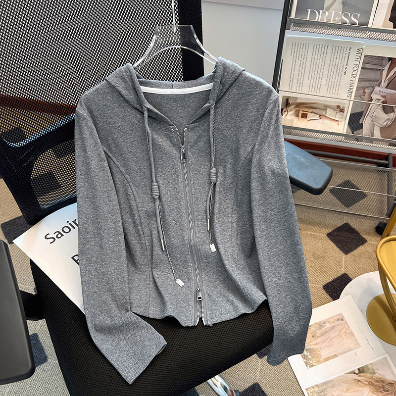 Gray Hooded Knitted Ribbed Cardigan T-Shirt for Women, Long-Sleeved, New Autumn 2026 Style, Can Be Worn as Outerwear or as a Base Layer Top Gray Hooded Knitted Ribbed Cardigan T-Shirt for Women, Long-Sleeved, New Autumn 2026 Style, Can Be Worn as Outerwear or as a Base Layer Top