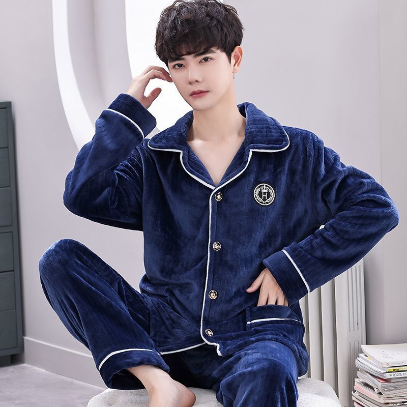 남성용 가을 겨울 산호 벨벳 잠옷, 겨울 두꺼운 벨벳 가정복, 봄, 가을 대형 플란넬 남성 정장