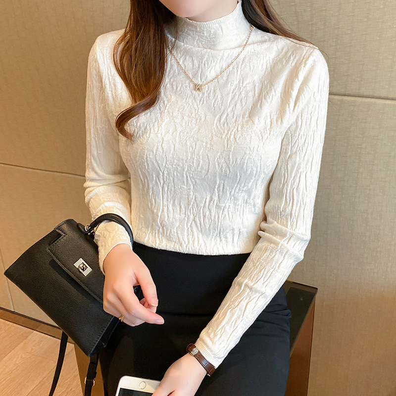 Blanco medio cuello alto suéter de las mujeres Camiseta de manga larga 2022 otoño e invierno nuevo suéter delgado superior