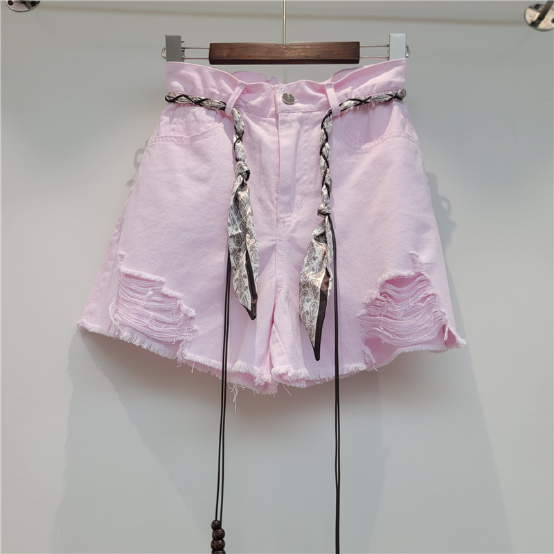 Pantalón Corto de Mezclilla de Cintura Alta con Rasgados Corte A para Verano