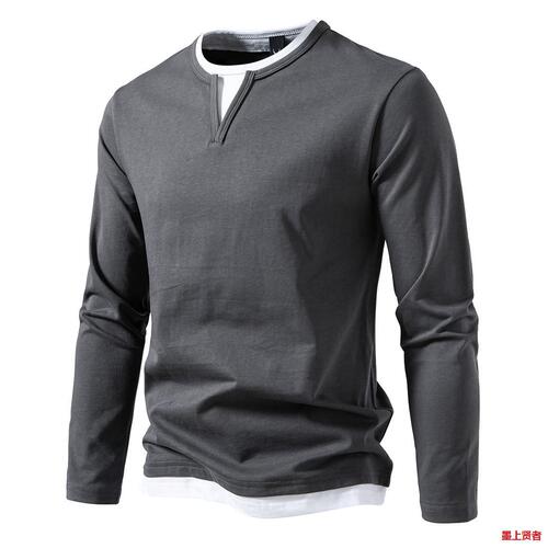 Men's T-shirt fake two-piece double-layer V-neck autumn and winter fashionable splicing large size bottomed shirt Men's long-sleeved T-shirt