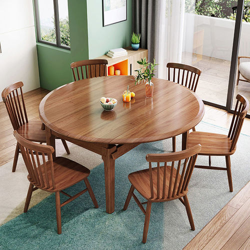 Solid wood dining table, logs, home Chinese round dining table and chairs, modern minimalist restaurant multi-functional retractable large round table