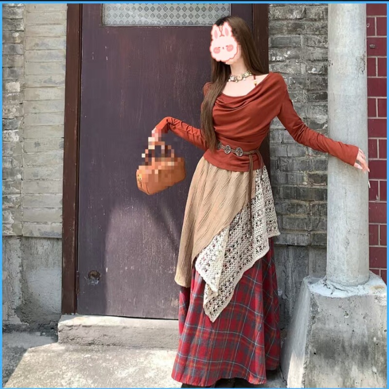 Xinjiang and Sichuan Western Region Travel Outfit for Women, Two-Piece Set: Off-Shoulder Long-Sleeve Shirt + Layered Vintage Plaid Skirt