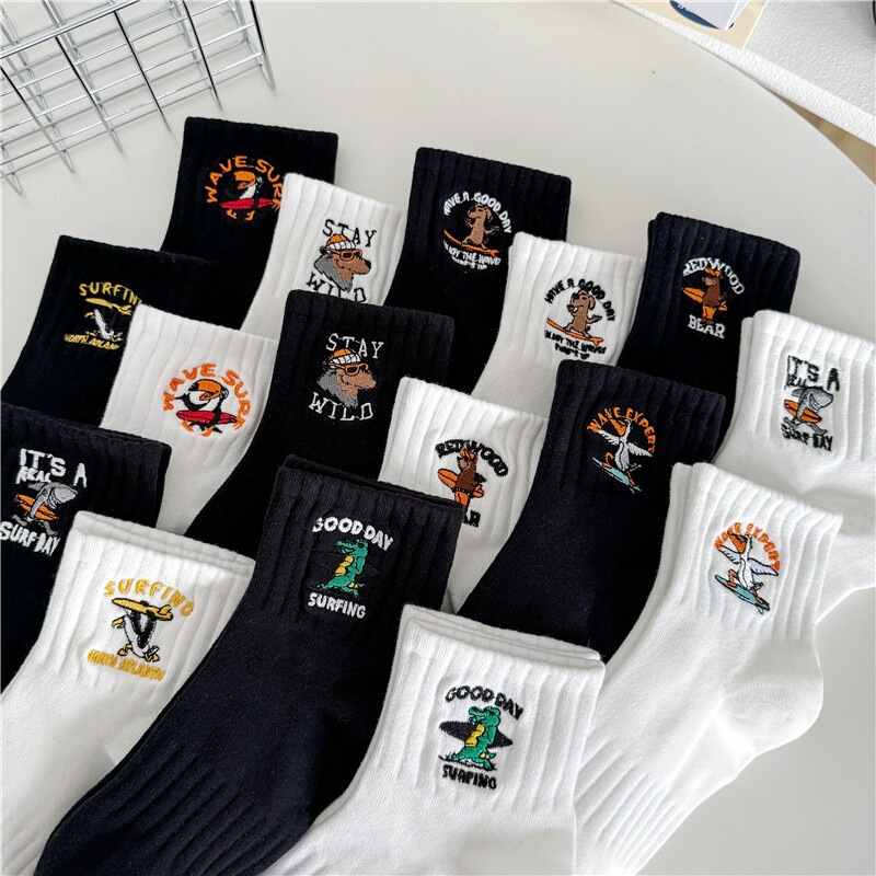 cityboy socks for men and women, animal-themed, skateboard, surfing, trendy, sporty, short-cut, sweat-absorbing, solid color, mid-length cotton socks