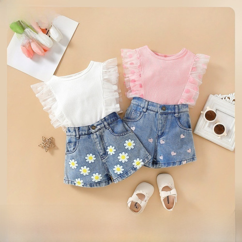 Wholesale Children's Apparel 2024 Summer New Girl's Set Toddler Clothing Top with Love Jeans Two-Piece Set