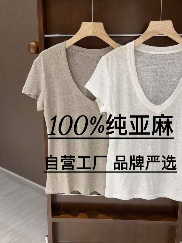 リネン100% サマースタイル ラウンドショルダー Vネック 高級半袖Tシャツ|undefined