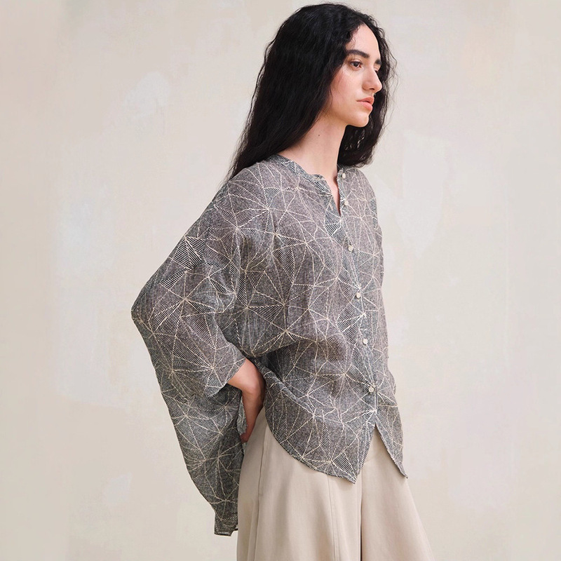 Zhixing 100-Count Ultra-Fine Pure Ramie Artistic Print Oversized Shirt for Women 2026 Autumn New Striped Top