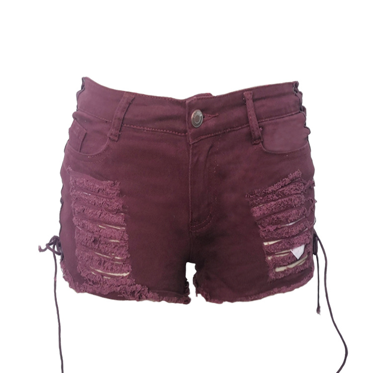 high waist ripped side lace-up solid color denim Shorts NSWL132669