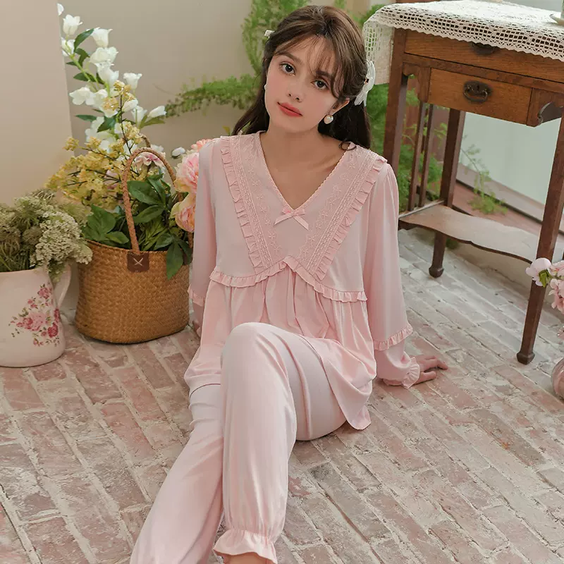 郡俪JUEENNIL长袖睡衣套装秋季法式甜美宫廷风两件套家居服可外穿