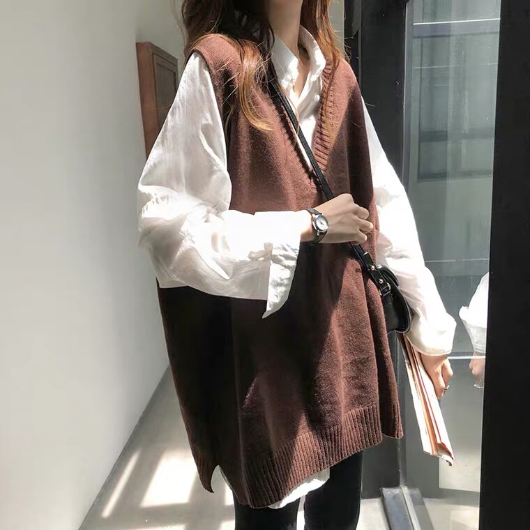 V领背心马甲女春秋装韩国复古中长款无袖针织衫外穿宽松慵懒毛衣|undefined