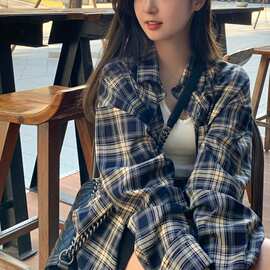 长袖衬衫女夏季早秋美式潮牌格子设计感小众衬衣宽松休闲上衣外套