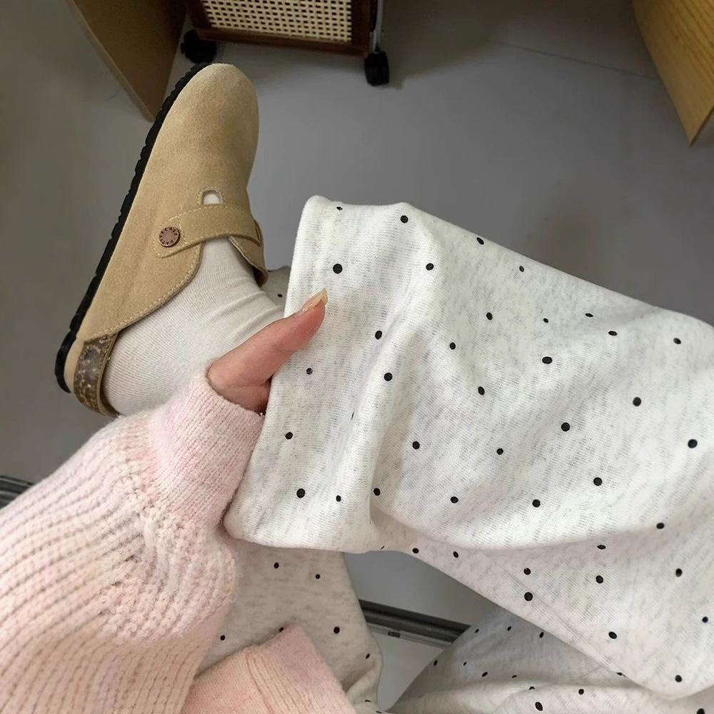 2025 새로운 게으른 스타일 새로운 아이보리 웨이브 포인트 캐주얼 바지 여성의 겨울 높은 허리 느슨한 걸레 바지 바지