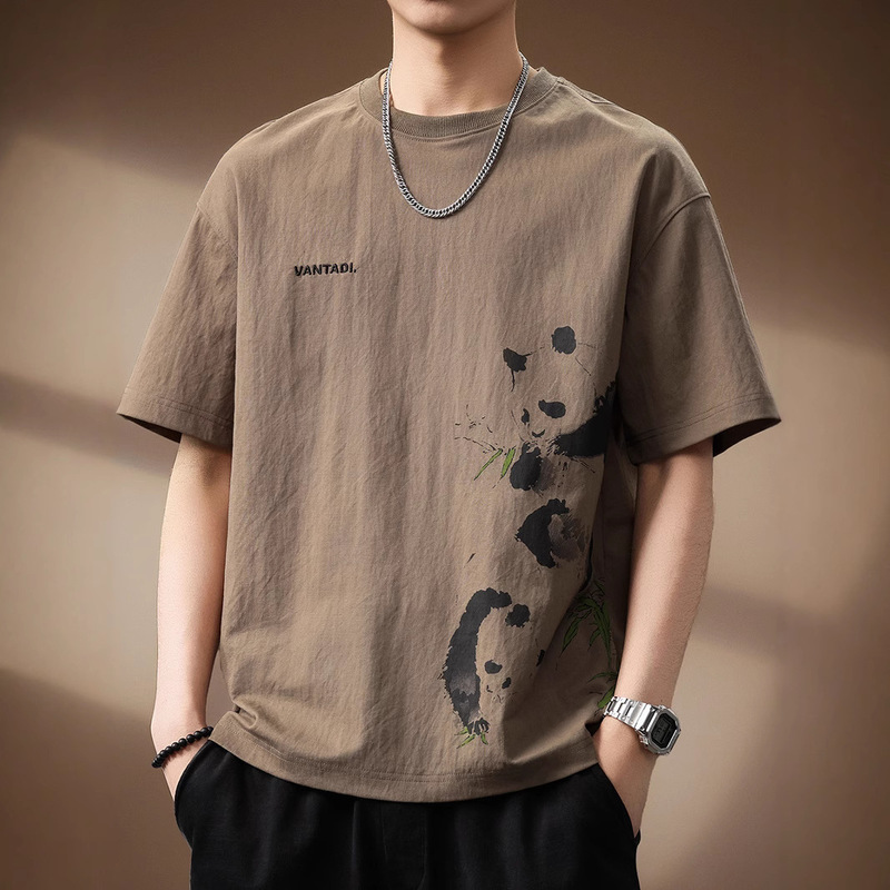 Linen Panda Print Short-Sleeved T-Shirt for Men, New Summer Style, Loose Fit, Large Size Men's Half-Sleeve T-Shirt with Animal Pattern Linen Panda Print Short-Sleeved T-Shirt for Men, New Summer Style, Loose Fit, Large Size Men's Half-Sleeve T-Shirt with Animal Pattern