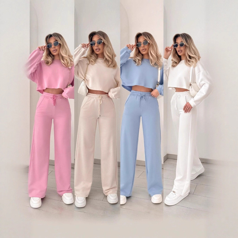Cross-Border New Women's Casual Suit High-Waisted Loose Autumn and Winter Style Elastic Waist Long Pants and Short Top Two-Piece Set Cross-Border New Women's Casual Suit High-Waisted Loose Autumn and Winter Style Elastic Waist Long Pants and Short Top Two-Piece Set