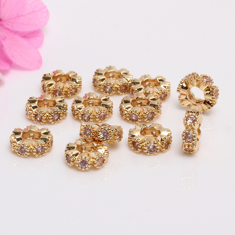 14K package gold color micro inlaid zircon large hole drill ring bead jewelry accessories handmade diy bracelet pendant ring