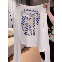 猫プリント白色日焼け止め長袖tシャツ女性夏2025年新薄手エアコンブラウス