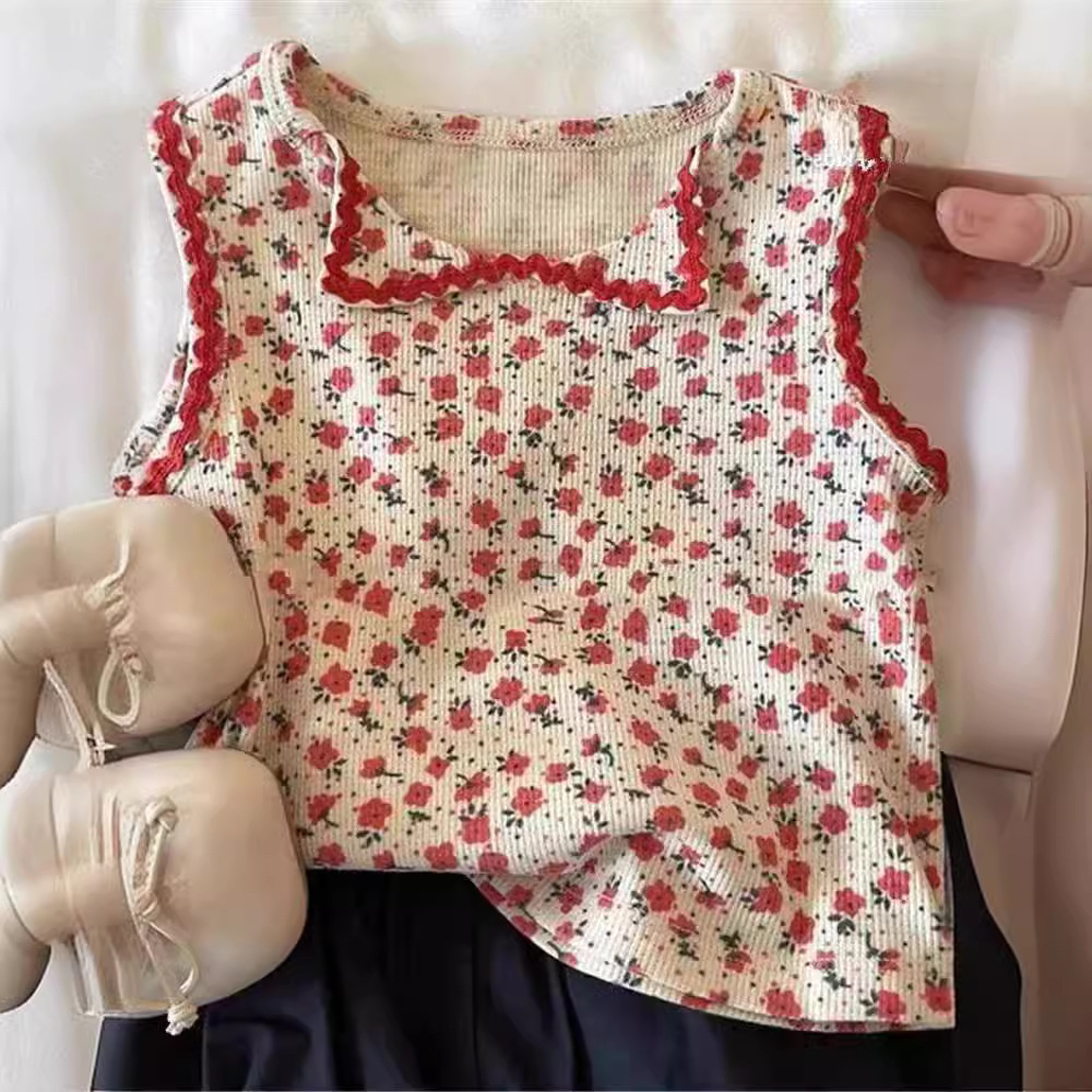 Girls' summer vest, baby children's trendy brand Korean style floral sleeveless outerwear modal 2024 summer