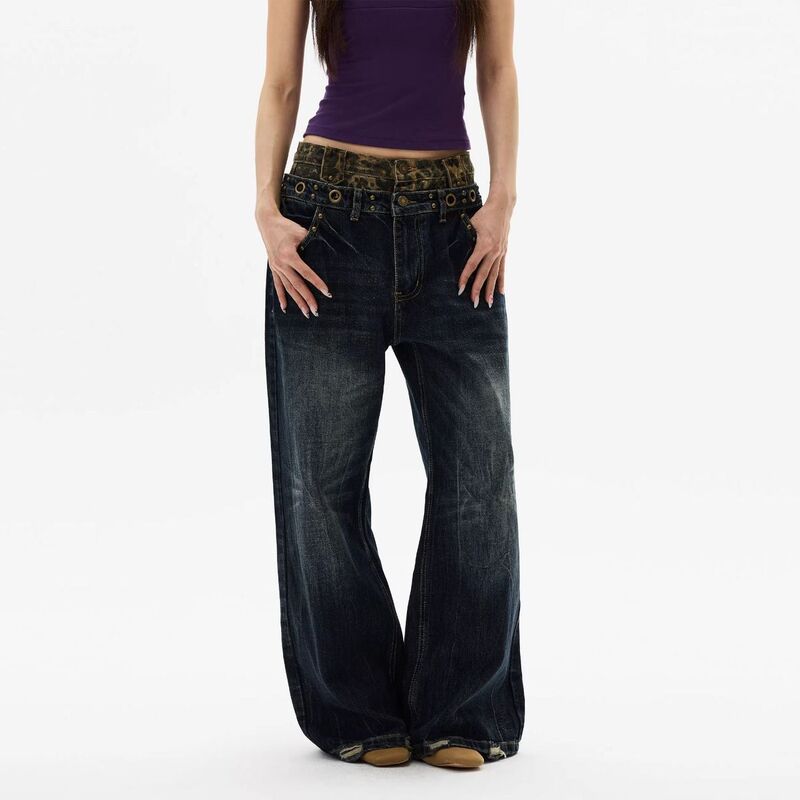 ChaoLi has in stock American retro leopard print double-waisted wide-leg jeans for women, new spring 2026 loose straight pants