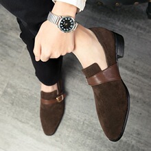 牛皮英伦休闲皮鞋男士潮流透气ins磨砂皮增高豆豆尖头一脚蹬男鞋