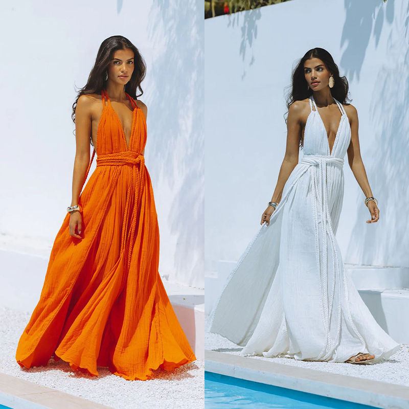 Independent Station Foreign Trade European and American Women's Vacation Blouse Sexy Backless Strap Solid Color dress Belt 8046