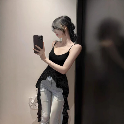 Spring and summer French-style chic, niche design with a personalized, slimming fit—featuring elegant lace, an asymmetrical silhouette, and delicate ribbon details for a subtly flattering look.