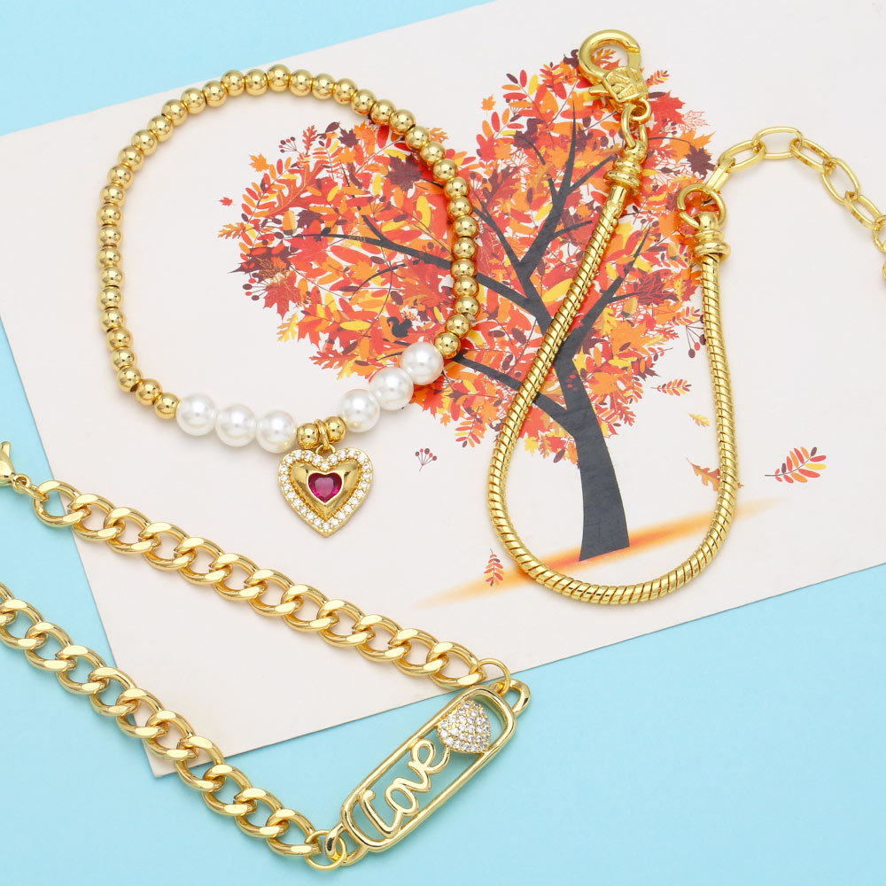 Fashion Love Heart Shape Copper Bracelets Gold Plated Zircon Copper Bracelets