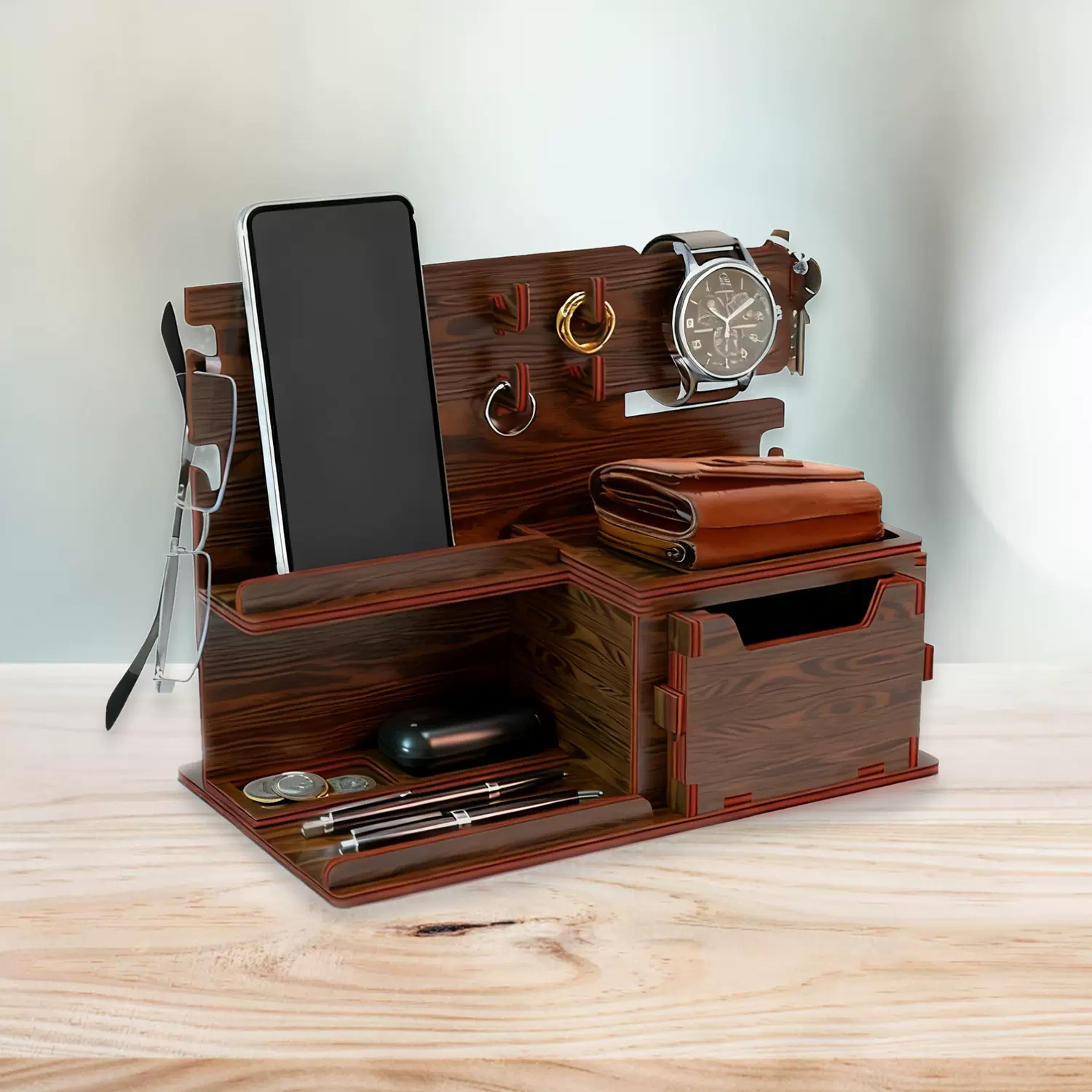 跨境手机底座套装木质桌面收纳架男士生日礼物父亲节礼物