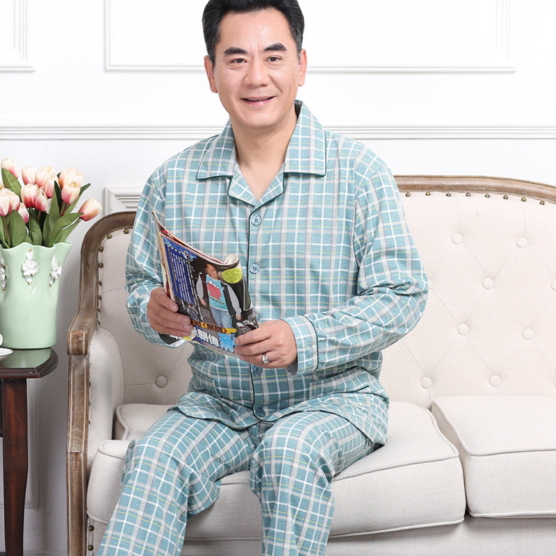 Pijama de mediana edad y ancianos primavera y otoño de los hombres 100% algodón de manga larga hogar ^ más el tamaño de mediana edad papá traje de dos piezas