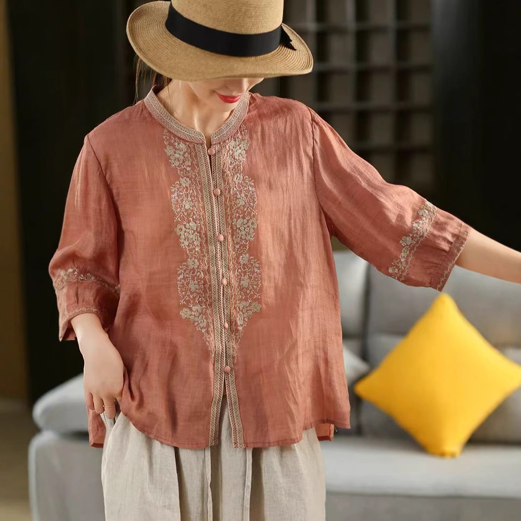 Guka Apparel 2026 Spring/Summer Twill Ramie Embroidered Shirt for Women, Single-Breasted Loose Fit with Inner Hemming, Elegant Top