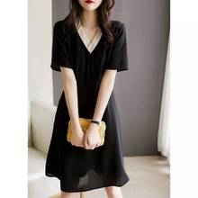 外貿日韓系2024夏季新款小黑裙氣質中長款遮肚裙顯瘦拼接連衣裙女